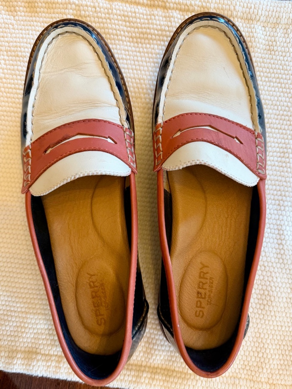 Sperry White and Coral Leather Penny Loafers